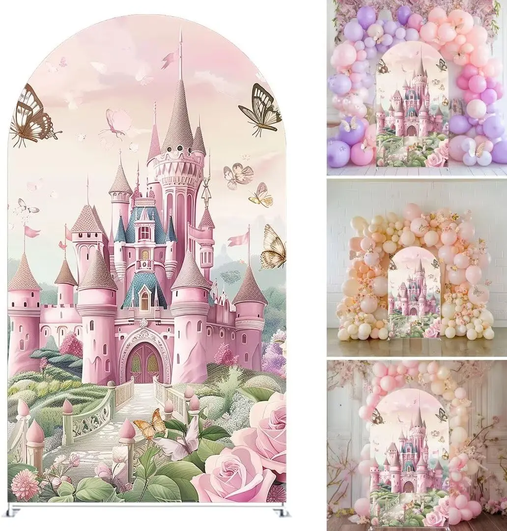 Fondo de castillo personalizado de 2 caras, decoración de cubierta, fondo de fiesta de cumpleaños de princesa dulce rosa, mariposa Floral, cuento de hadas, accesorio arqueado