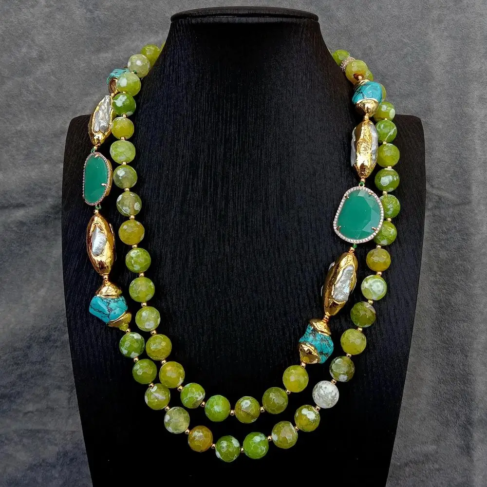 YYGEM 2 Rows 12mm Green Agate Blue Turquoise Crystal White Biwa Pearl Necklace Fashion Jewelry