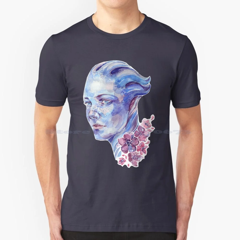 Liara T Shirt 100% Cotton Tee Watercolor Liara Tsoni Asari Alien Portrait Flowers Blue Mass Effect Fanart Me Fanart Mass Effect