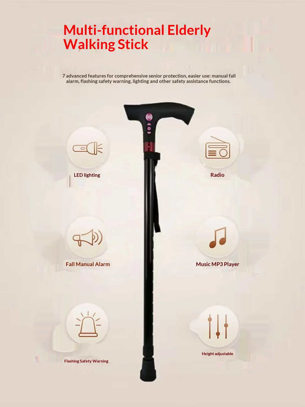 Anti-Fall Smart Walking Stick Cane Call Positioning Anti-Slip Light Radio Automatic Alarm Four-Legged Design App Control