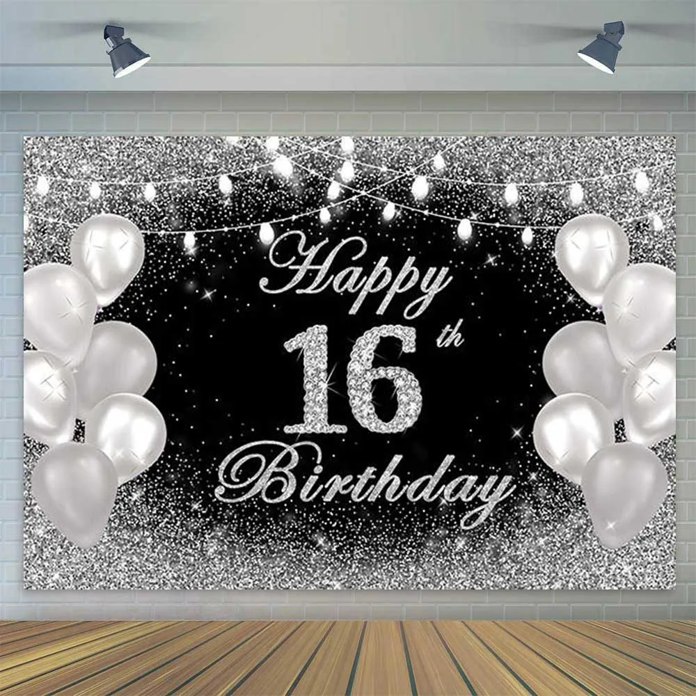 

Silver Black Backdrop for Girls Boys Sixteen 16th Birthday Party Decoration Banner Photography Background Vinyl 7x5ft Custom