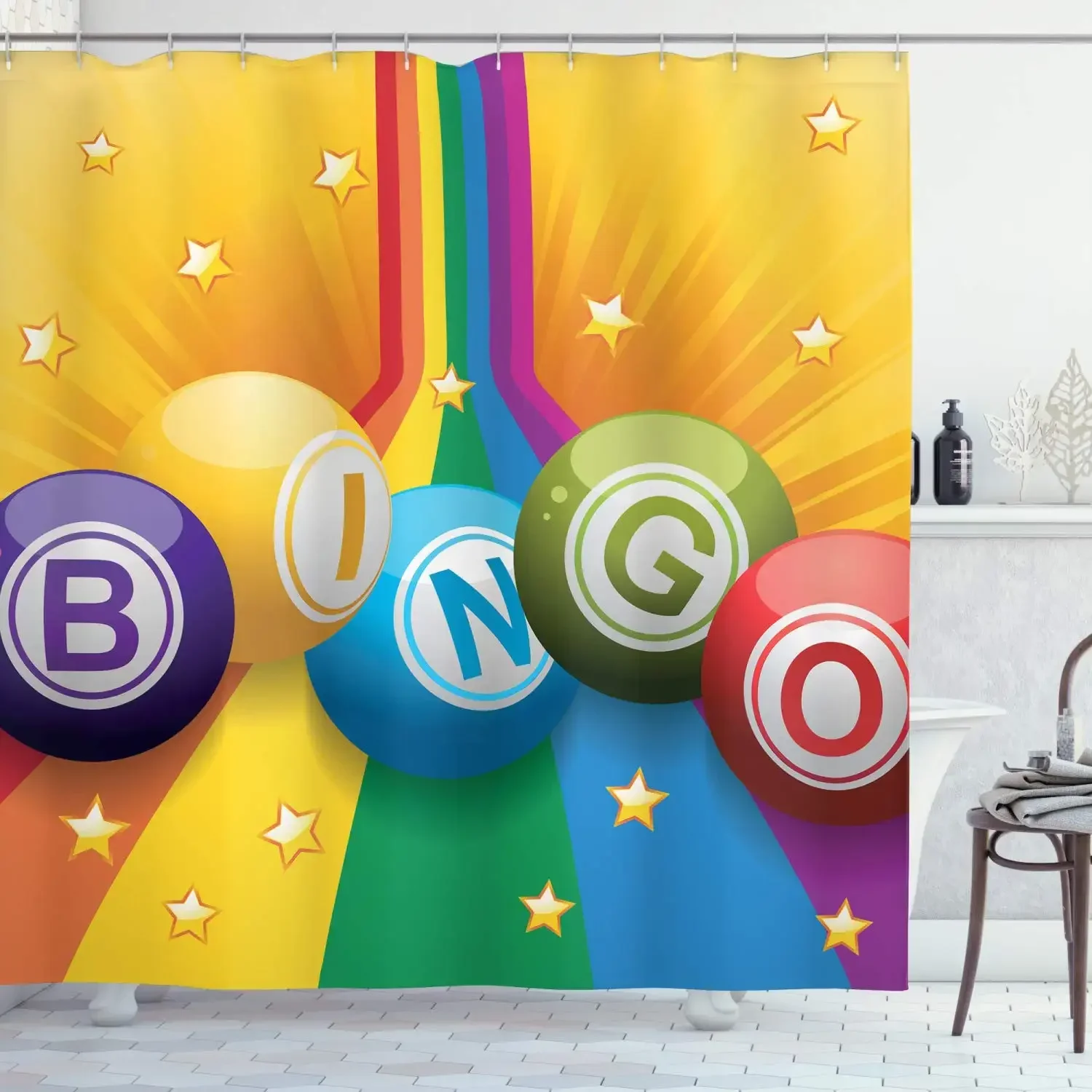 Bingo Shower Curtain,Colorful Bingo Balls on Rainbow Over Yellow Bursting Leisure Time Fun, Waterproof Fabric Bath Curtains Sets