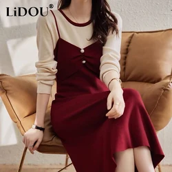 Autumn Winter Round Neck Fake Two Pieces Elegant Fashion Dress Ladies Long Sleeve Beading Casual Robe Femme Temperament Vestidos