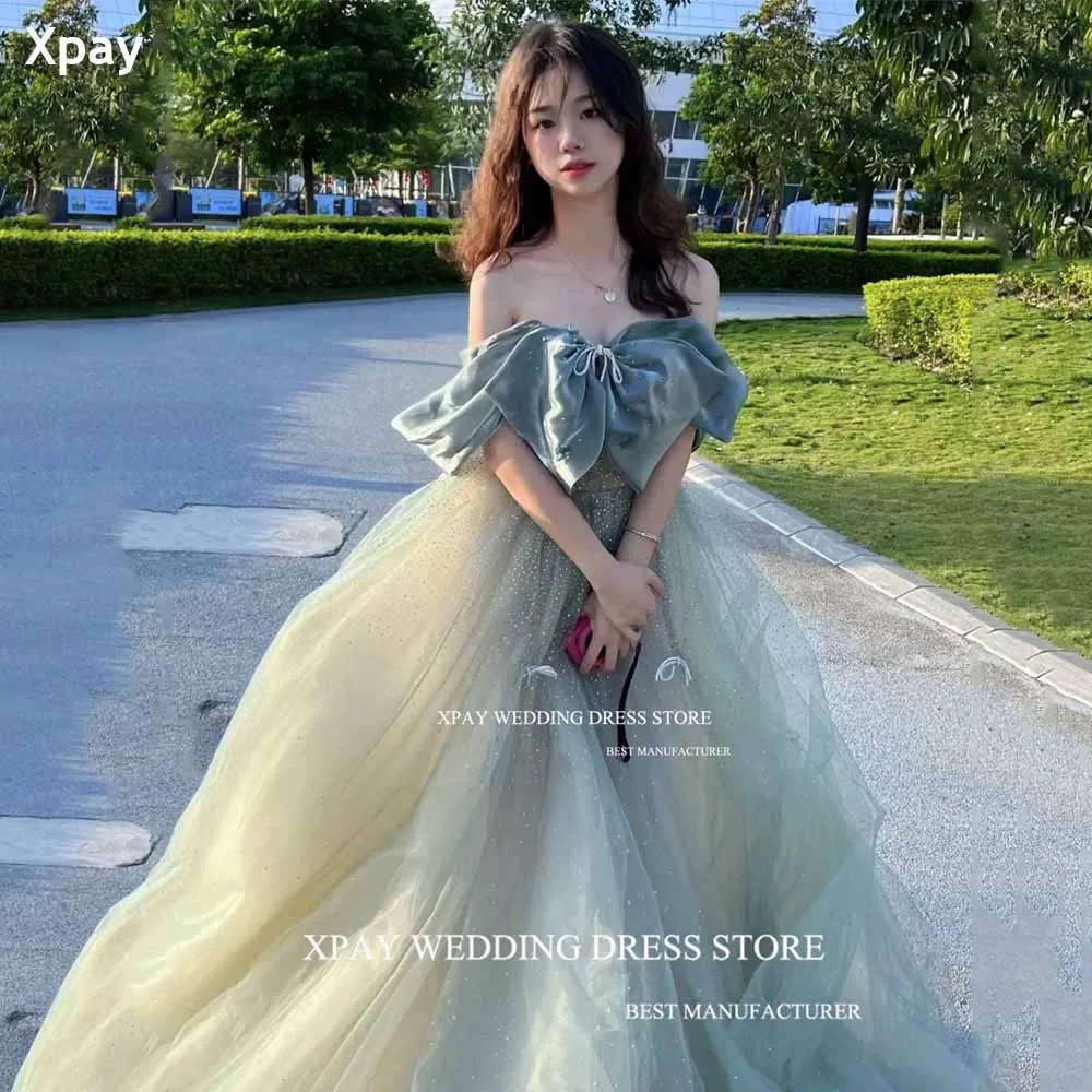 

XPAY Strapless Off Shoulder Sparkly Korea A Line Evening Dresses Wedding Photos Shoot Shiny Fairy Backless Corset Birthday Dress