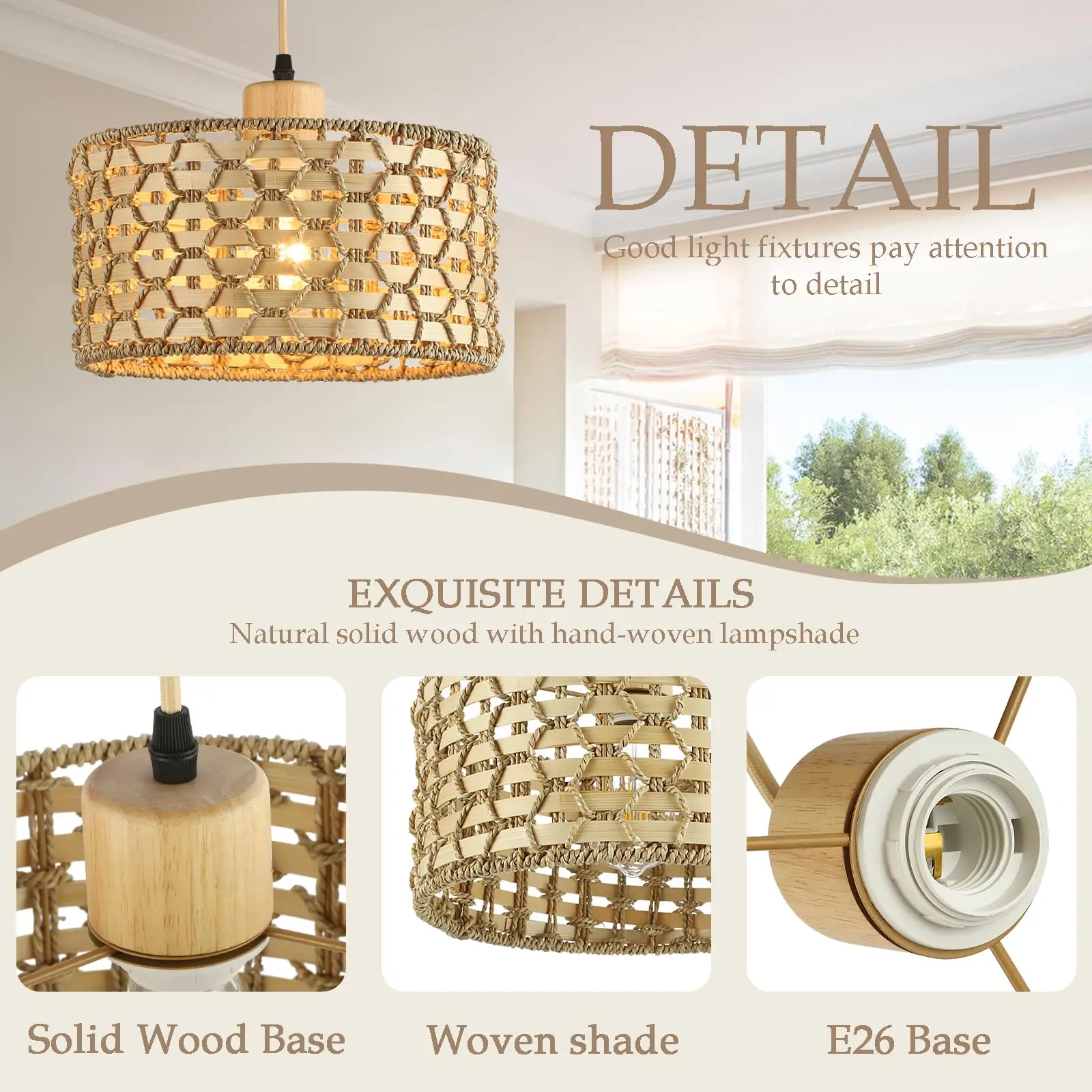 Hand-Woven Pendant Light, 11.8" Boho 1-Light Natural Rattan Hanging Lighting Fixture Ceiling Farmhouse Wicker Lamp