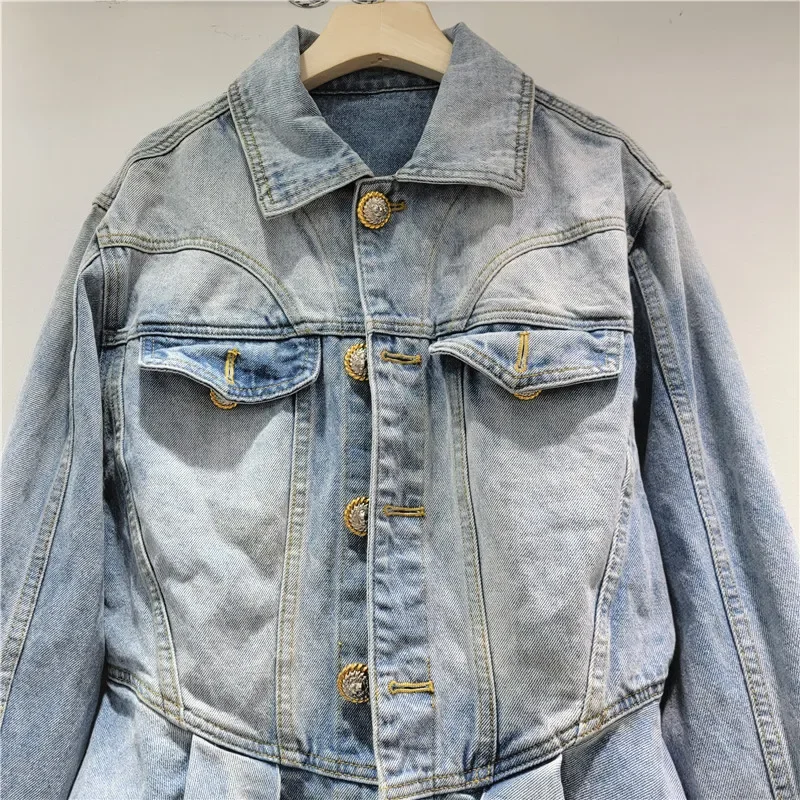 Spring New Ruffle Hem Jeans Jacket Women Vintage Washed Blue Short Coat Turndown Collar Single-Breasted Long Sleeve Denim Jacket - Image 3