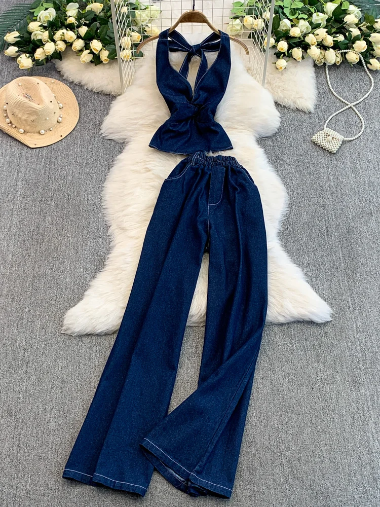 Conjunto de Top de Denim com Decote em V e Cintura Amarrada e Calças Flare de Cintura Alta para Mulheres, Moda de Verão em Du...