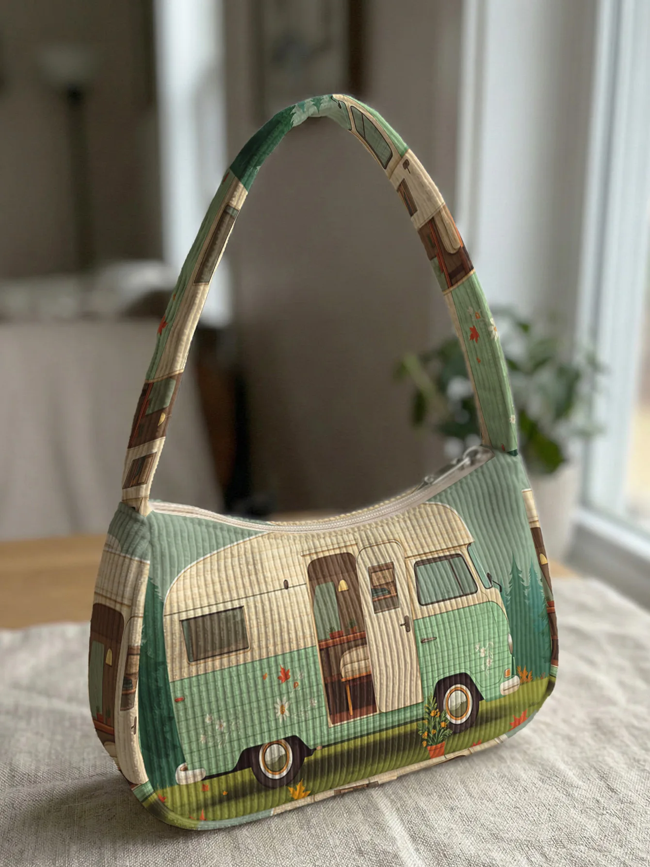 Trendy Camper Van Print Shoulder Bag, Corduroy Underarm Bag for Daily Casual Use