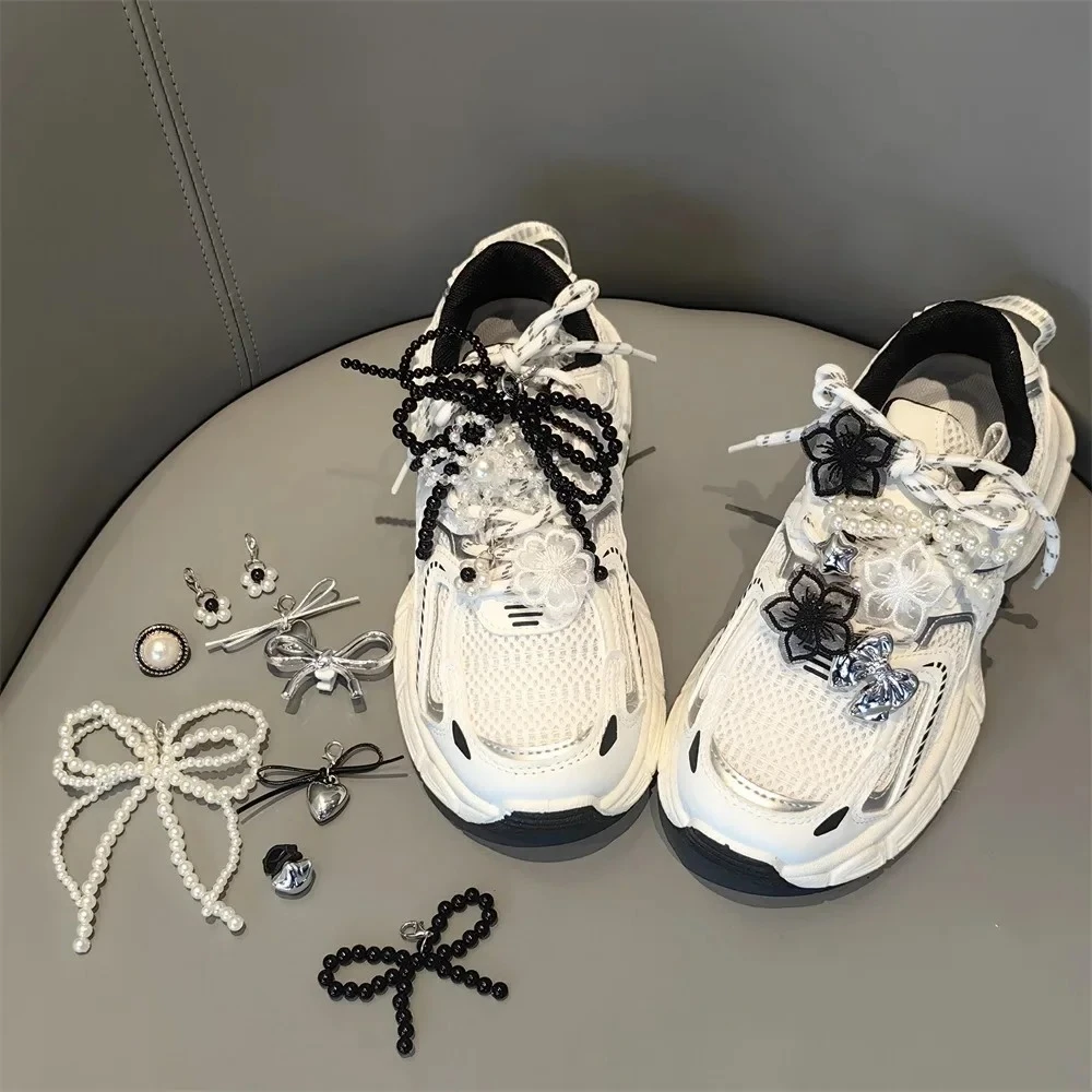Feenschleife-Schnürsenkel-Set – Schwarz/Weiß mit Kristallblume, Perlen-Charm-Schnalle für Ballettschuhe, dekorative Schnürsenkel, Zubehör, 1 Stück