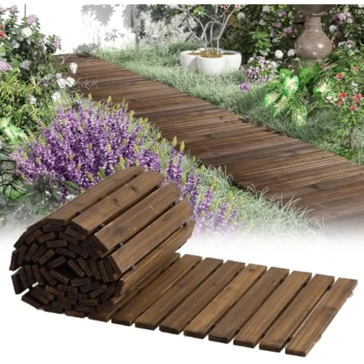 12-foot natural carbonized fir wood outdoor pathway roll with non-slip textured surface weatherproof rectangular walkway for gar