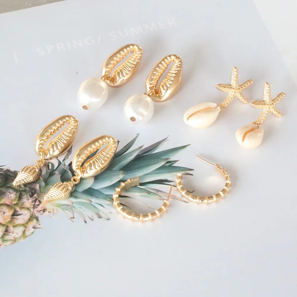 4Paris/set Bohemian Shell Irregular Imitation Pearl Conch Starfish Earrings Earrings