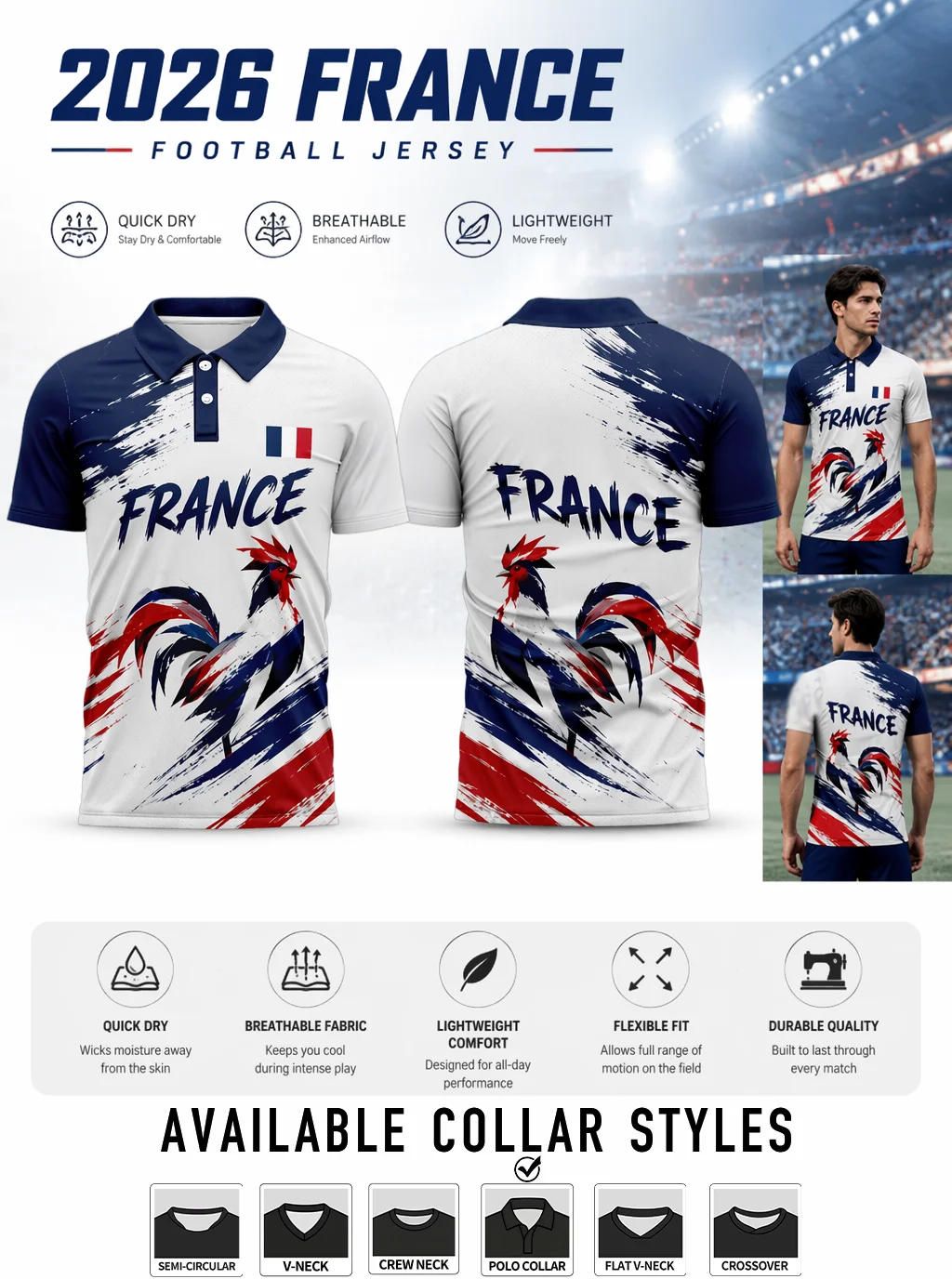 2026 France football polo jersey, brush‑stroke tricolor print, national rooster emblem, lightweight quick‑dry sports material