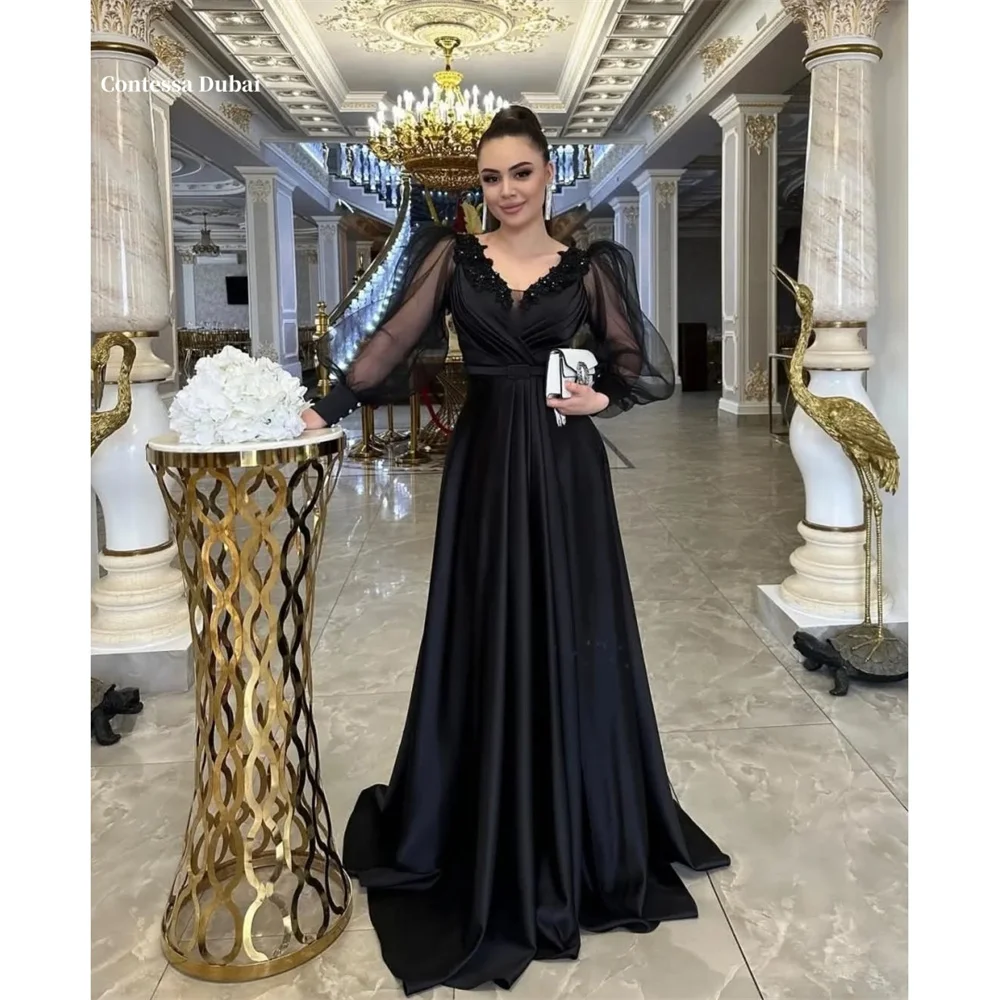 

Contessa Dubai Black Sequin Puff Sleeve Prom Dresses Long Train V Neck Customized فساتين سهرة A-line Evening Dress 2025