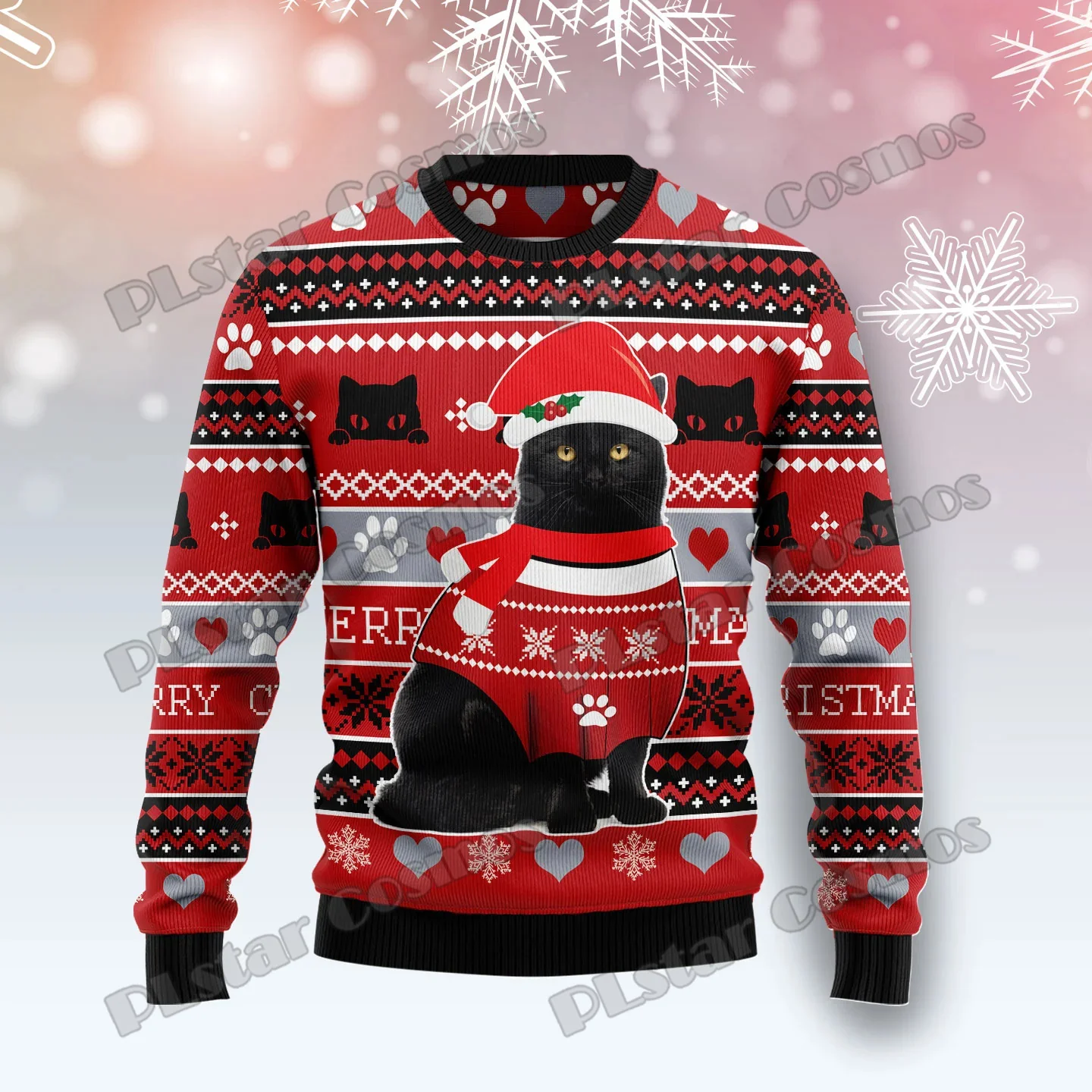 

2026 Autumn Winter Unisex Casual Knit Pullover Sweater Black Cat Christmas Night 3D Printed Men's Ugly Christmas Sweater MMY03
