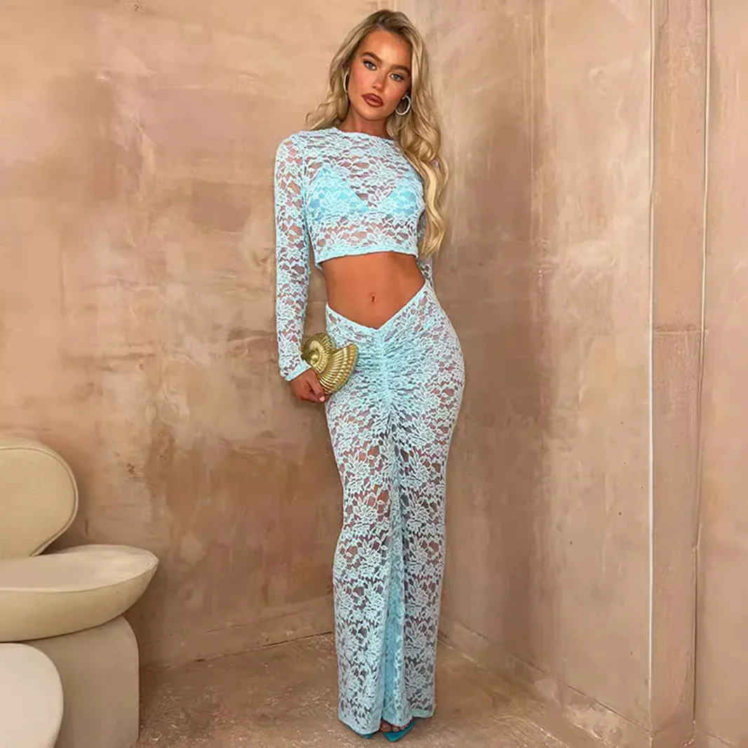 

Swimwear Skirt Lace Cover-up 2 Piece Set Women Crop Tops And Long Skirt Bathing Suit Fashion Solid Sexy Beach Cover Up Outfits
