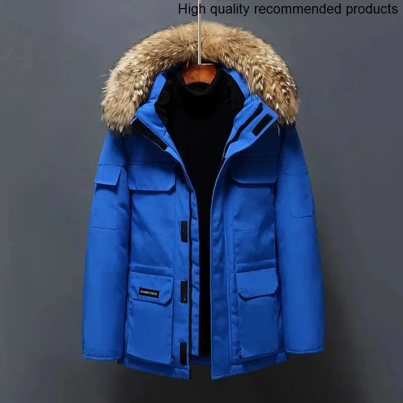 Collar White Duck Down Fur Winter Jacket Men Windproof Hooded Thicken Multi-pocket Down Coat Male Keep Warm -30 Degree Parkas