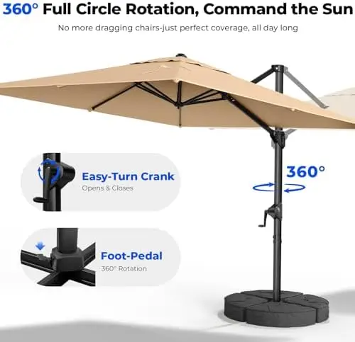 10x10 FT Cantilever Patio Umbrella with Base Included, Large Square Offset Outdoor Umbrella, 360° Rotation Heavy Duty