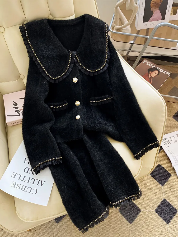 Imitation Mink Knitted Cardigan + Mini Skirt Two-piece Women's 2022 Autumn Winter Korean Peter Pan Collar Sweater Suit