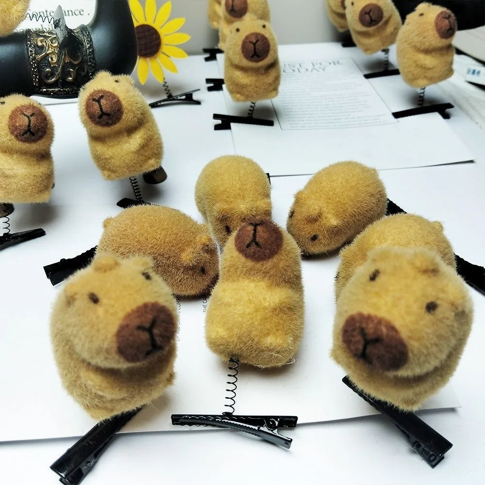 10pcs/set Flocking Capybara Hairpin Set Alloy Cute Spring Hair Clip Bouncing Doll Animal Cartoon Duckbill Clip School