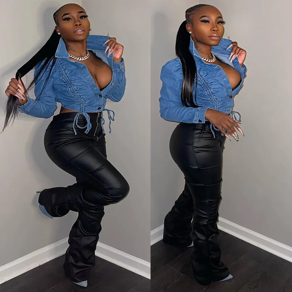 Trendy Women's Personalized Drawstring Denim Jacket Street Style Single-Breasted Long-Sleeved Top