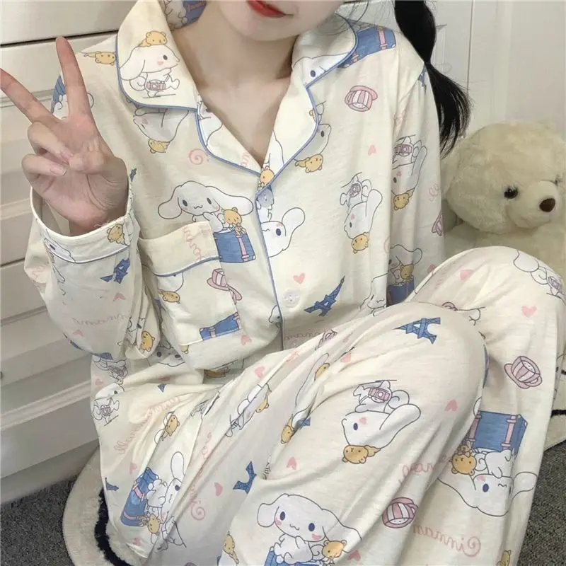 New Sanrio Sleepwear Cinnamoroll Kawaii Cartoon Anime Pajamas Set Women Spring Autumn Long Sleeve Pj Pants Home Suit Student