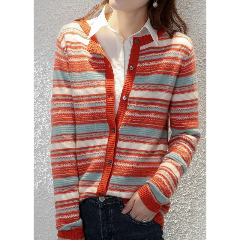 2023 Autumn and Winter Korean Edition Sweet Fit Round Neck Stripe Loose Relaxed Sweater Coat Short Knitted Cardigan for Women