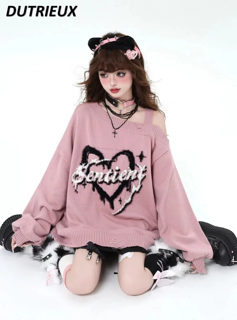 

Autumn and Winter New Sweet Girls Knitted Sweater Top Japanese Original Subculture Off-the-shoulder Loose Long-sleeved Pullover