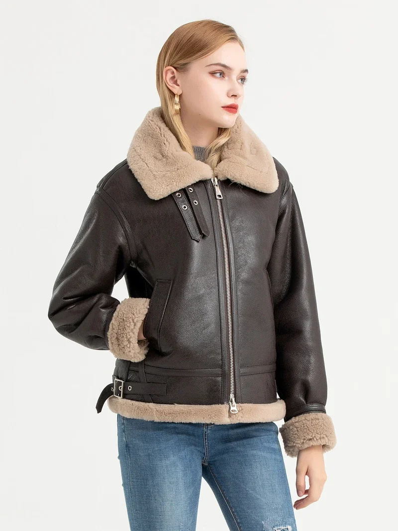 Fashionable Women Multi Colored Fur One-piece Jacket Flight Jacket Lamb Fur Motorcycle Leather Fur Jacket