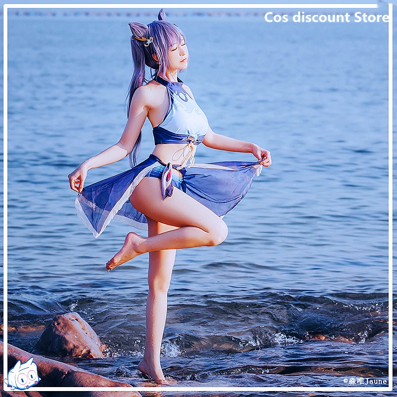 

Game Genshin Impact Cosplay Keqing Swimsuit Summer Anime Women Swimwear 2022 Split Bikini is Thin Sizes S-XL