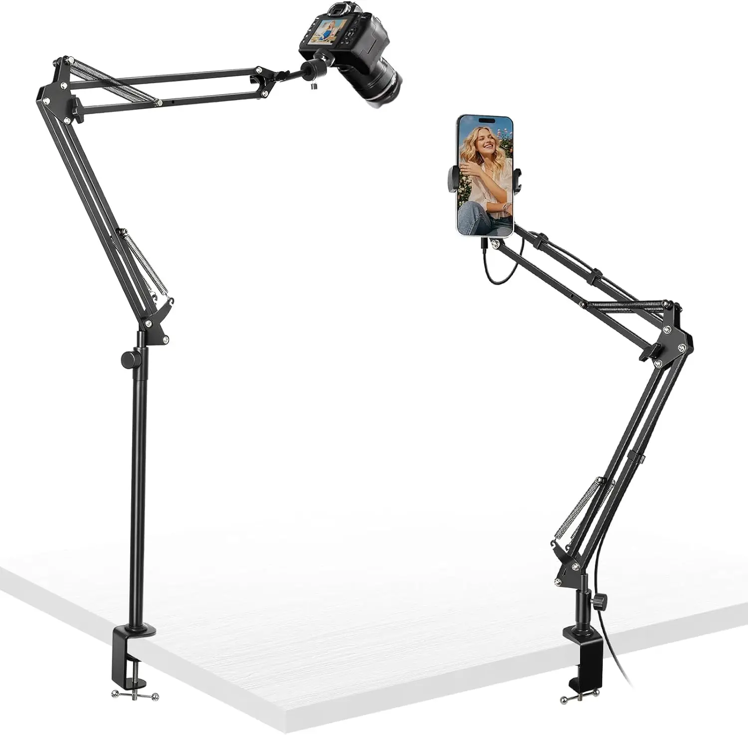 Overhead Camera Mount,Camera Desk Mount with 360° Adjustable Arm and Phone Holder,Max Load-Bearing 5lb,Desk Clamp Stand