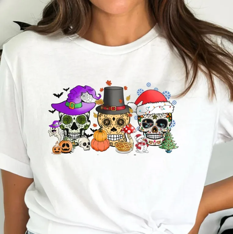 Sugar Skull Hallothankmas Mexican T-shirt Day of The Dead Dia De Los Muertos Women Clothing Graphic T Shirts Y2k Clothes Cotton