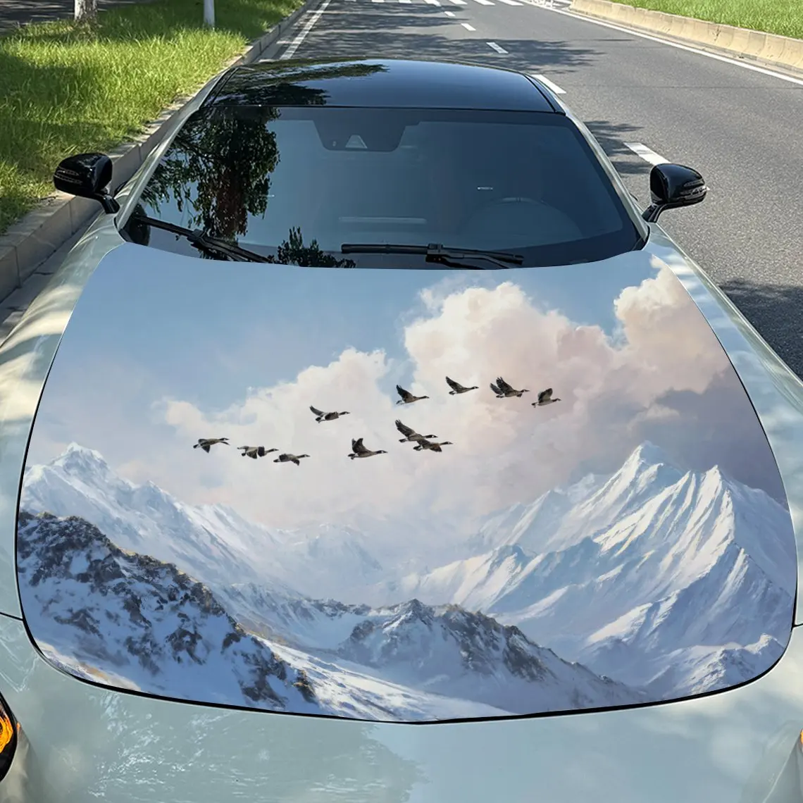 Snow Mountain And Birds Car Hood Stickers, Colorful Vinyl Stickers, Truck Patterns, Engine Hood Car Parts Decoration Stickers, C