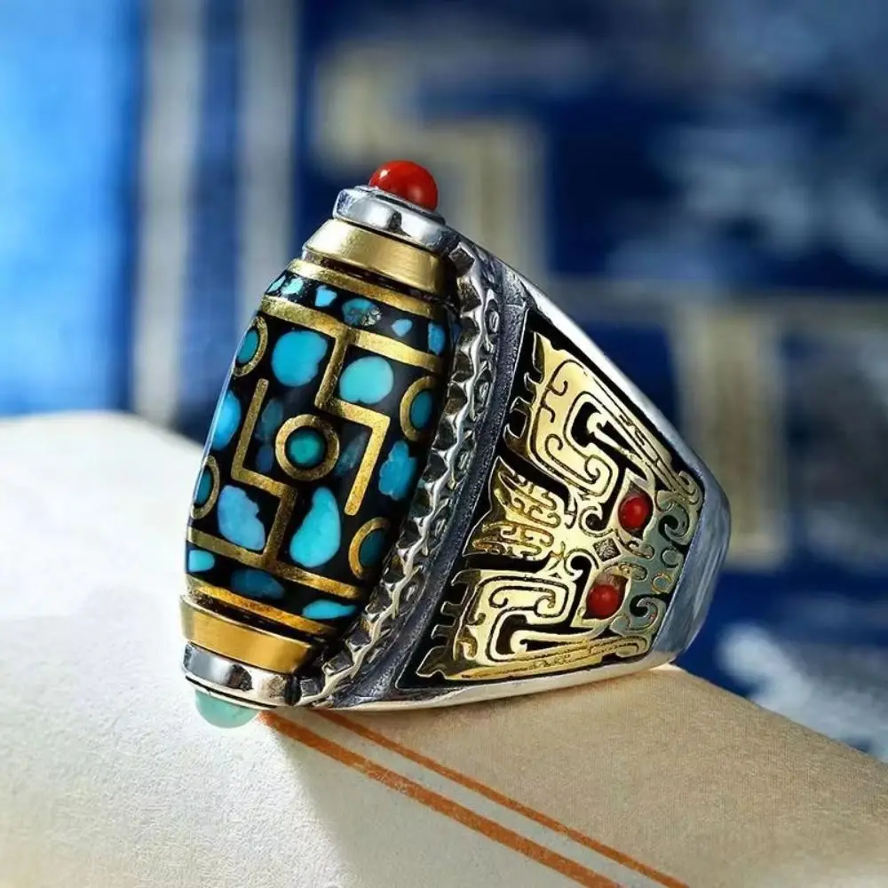 Adjustable Size Nine Turns Dzi Ring Six-character Mantra Open Luck Ethnic Style Ring Vintage Tibetan Rotatable Finger Ring