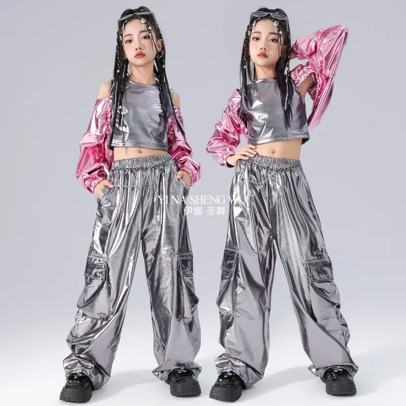 Kids Jazzdans Kostuum Meisjes Hip Hop Outfit Top Zilveren Broek Kinderen Street Dance Wear Prestaties Kleding Kpop Show