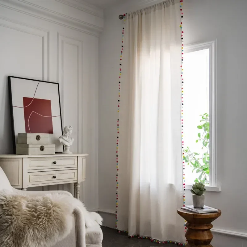 

Solid Cotton Linen Home Window Curtain Colorful Fur Ball Tassels Thick Blackout Drapes Bay Window Curtains for The Living Room