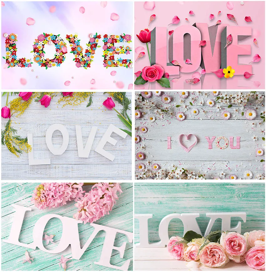 Wooden Planks Board Love Word Floral Decoration Backdrops Photography Anniversary Wedding Wall Decor Lover Portrait Backgrounds