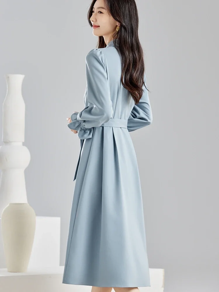 Vimly 2023 Early Autumn Elegant Shirt Dress for Women 2023 Fashion Collared Belted A-line Long Puff Sleeve Ladies Dresses M2592