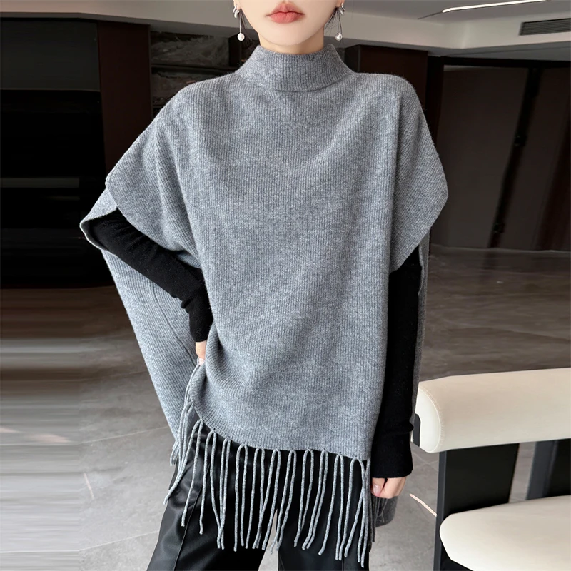 Hot Sale Women's 100% Wool Sweater Short Sleeve Pullover Autumn Fringed Cloak Shawl Spring Female Large Size Knit Vest Warm Outw