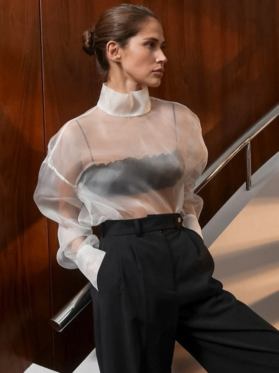 LIMO Women See Through Organza Turtleneck Top Puff Sleeve Pearl Button Cuff Sheer Mesh Layering Blouse