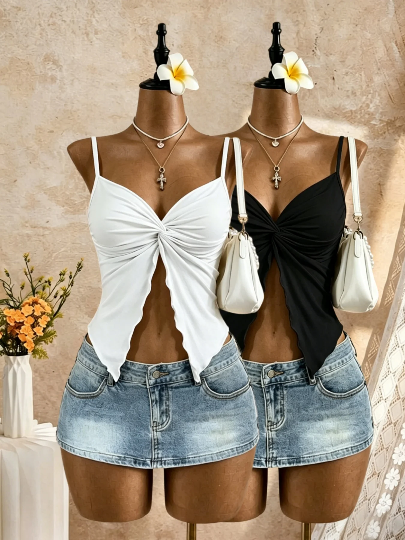 2 Pack Multi-color Women Spaghetti Strap V Neck Twist Front Cut Out Wavy Irregular Hem Slim Fit Crop Cami Top 2026 Summer Y2K So