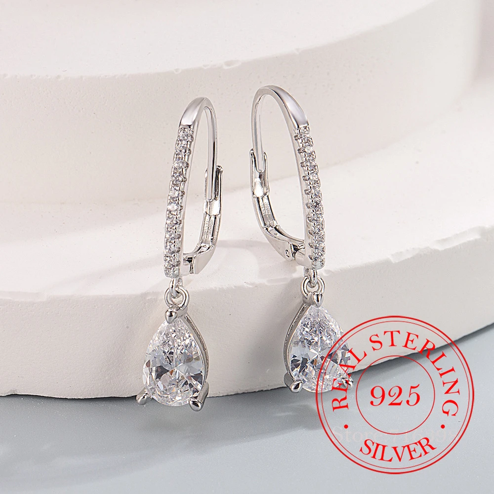 925 Sterling Silber Schmuck Einfache Zirkon Kristall Waterdrop Creolen für Frauen Hochzeit Schmuck Für Mädchen Freund Geschenk
