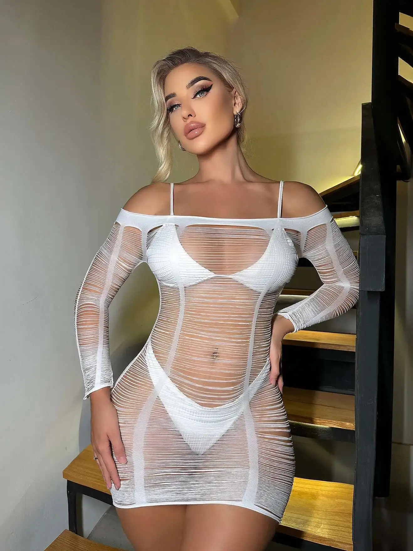 

Hip Wrap Stripe Dress Sexy Women Net Tight Mesh Lace Suspenders Long Sleeves Dress Elegant Charming Casual Thin Beautiful K8Q4