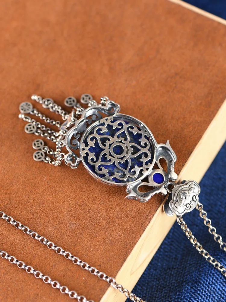 100%S925 Silver elegant temperament long fringe Ruyi auspicious elephant sweater Pendant lapis stone pendant for women