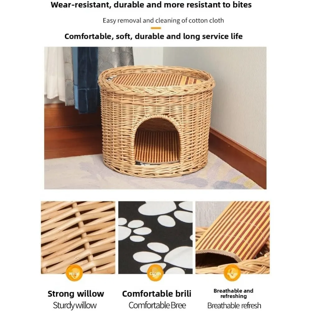 بيت قطط داخلي من الخيزران مكون من طابقين مع أسرة كهف مزدوجة لعيش مريح للحيوانات الأليفة