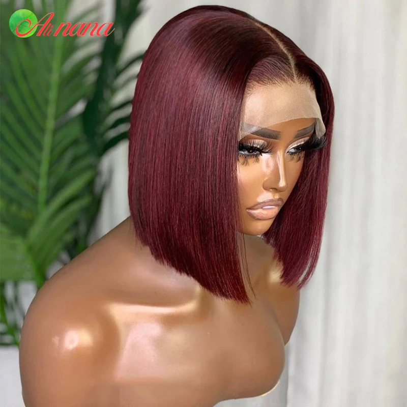 5X5 6x6 Lace Closure Human Hair Wig For Black Women Transparent Lace Short Bob Wigs Burgundy Lace Front Wig Red Straight Bob Wig