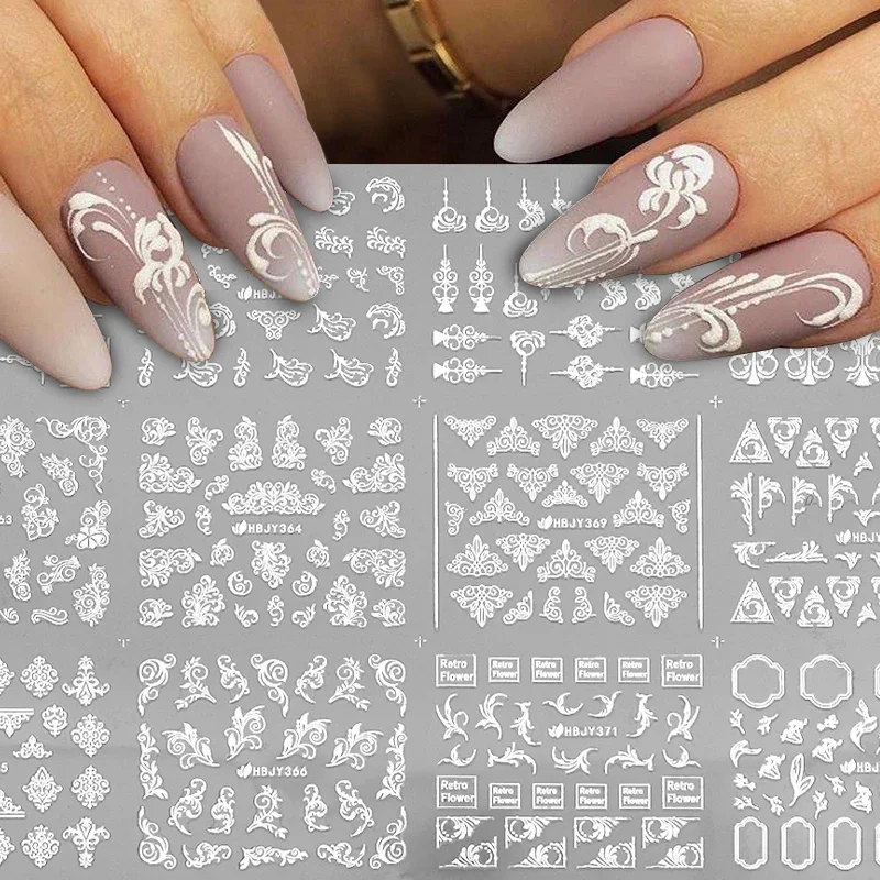 Flower Lace 3D Nail Stickers Mandala Flowers Black White Decals Slider Manicure Art Decoration DIY