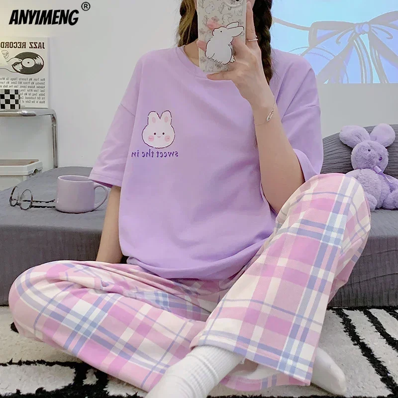 Spring Summer Women Pajamas Soft Cotton Cute Rabbit Print Pijamas Short Sleeved Plaid Pants Sleepwear Fashion Home Wear image 2