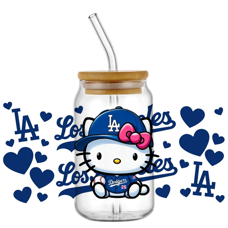 Minoso-Cute Stitch Baseball UV DTF Decal, Cartoon Kitty Wrap para Libbey Glass, Can Cup Udtf Coffee, Adesivo de carro por atacado, 16oz