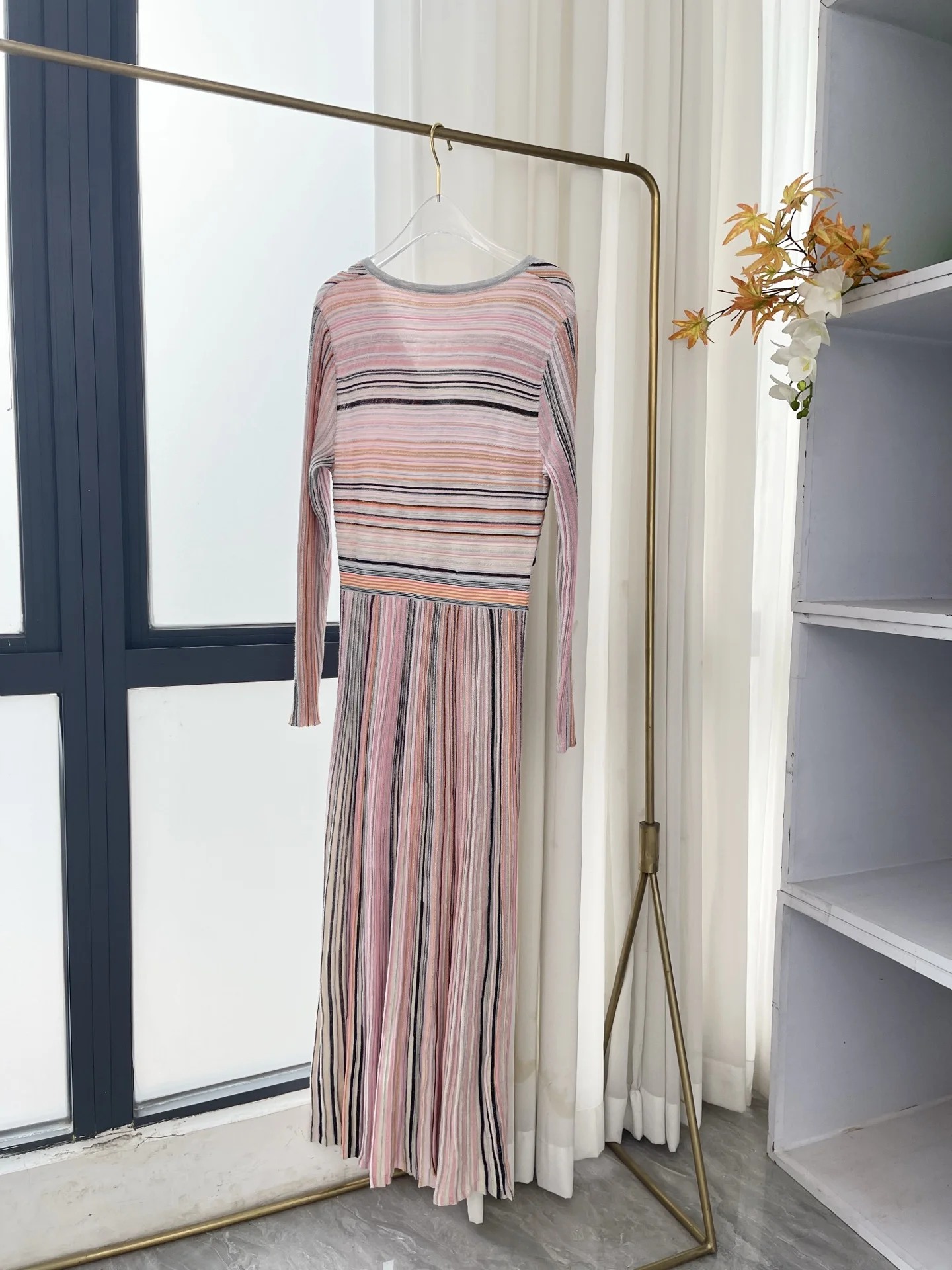 

Pink Striped Print Long Sleeve V Neck Knit Midi Dress