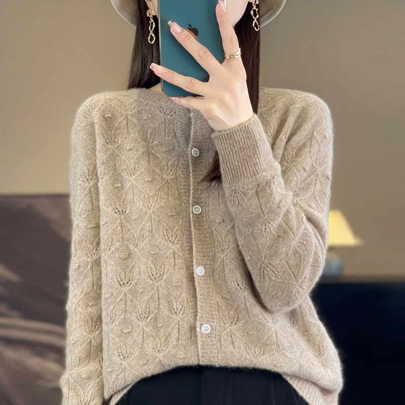 2024 Autumn Winter New 100% Merino Wool Women Fashion O-Neck Cardigan Korean Hollow Leaf Long Sleeve Sweater Cardigan For Woman